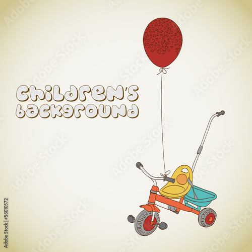 Vector: Kid's tricycle and balloon with hearts background Kid's tricycle and balloon with hearts background