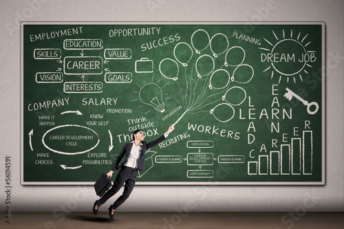 Photo: Businesswoman flying on written chalkboard Businesswoman flying on written chalkboard