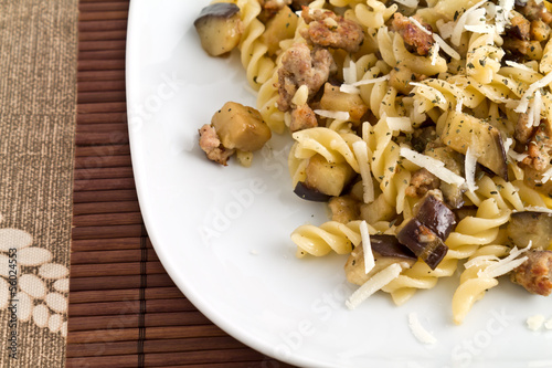 Photo: pasta with sausage, eggplant and cheese pasta with sausage, eggplant and cheese