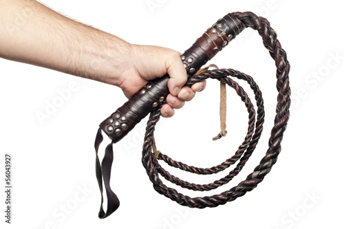 Photo: male hand holding brown leather whip isolated on white backgroun male hand holding brown leather whip isolated on white backgroun