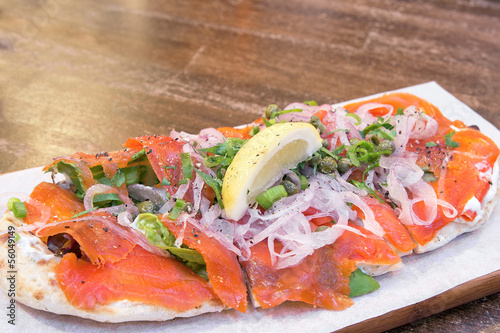 Photo: Smoked Salmon on Focaccia Bread Macro Smoked Salmon on Focaccia Bread Macro