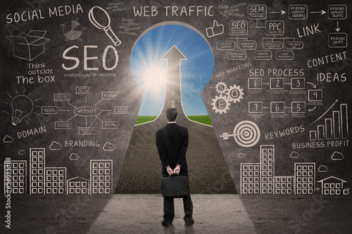 Photo: Businessman looking for SEO success road concept Businessman looking for SEO success road concept