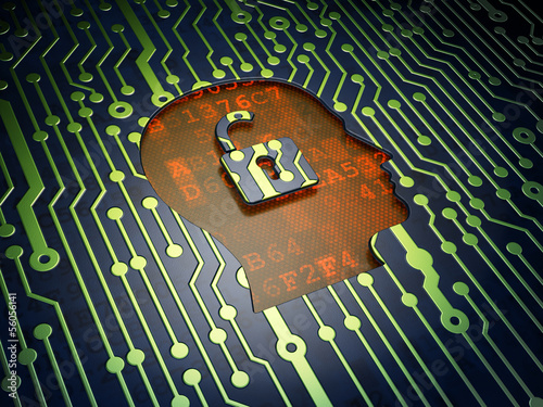 Illustration: Finance concept: Head With Padlock on circuit board background Finance concept: Head With Padlock on circuit board background