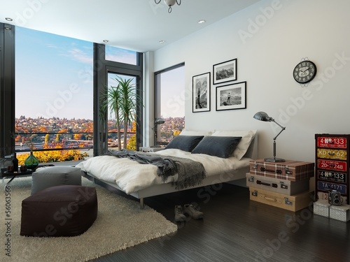 Illustration: Modern bedroom interior with huge windows and vintage furniture Modern bedroom interior with huge windows and vintage furniture