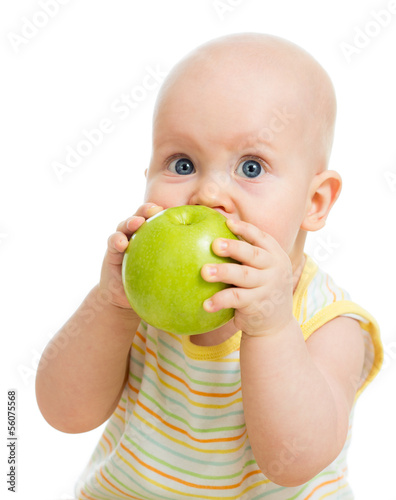 Photo: Baby boy eating green apple, isolated on white Baby boy eating green apple, isolated on white