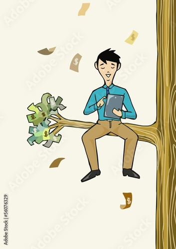 Vector: Businessman working with tablet sit under the money tree Businessman working with tablet sit under the money tree