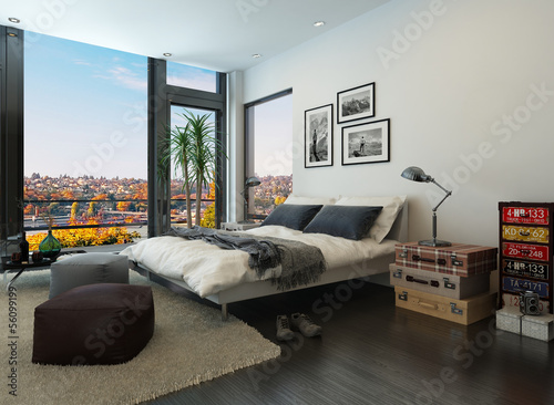 Illustration: Modern bedroom interior with huge windows and vintage furniture Modern bedroom interior with huge windows and vintage furniture