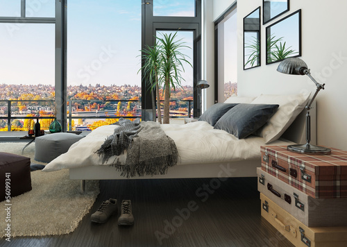 Illustration: Modern bedroom interior with huge windows and vintage furniture Modern bedroom interior with huge windows and vintage furniture