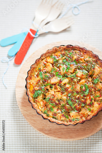 Photo: Quiche with chicken and vegetables, selective focus Quiche with chicken and vegetables, selective focus