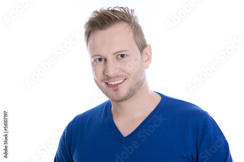 Photo: Gesicht blonder Mann - blaue Augen blauer Pulli isoliert Gesicht blonder Mann - blaue Augen blauer Pulli isoliert