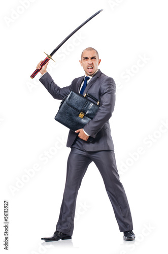 Photo: Businessman with sword isolated on white Businessman with sword isolated on white