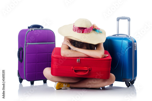 Photo: Young girl travelling isolated on the white Young girl travelling isolated on the white