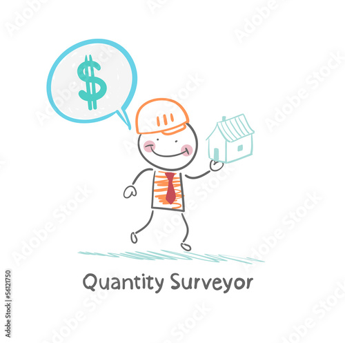 Vector: Quantity Surveyor holds a house and thinking about money Quantity Surveyor holds a house and thinking about money