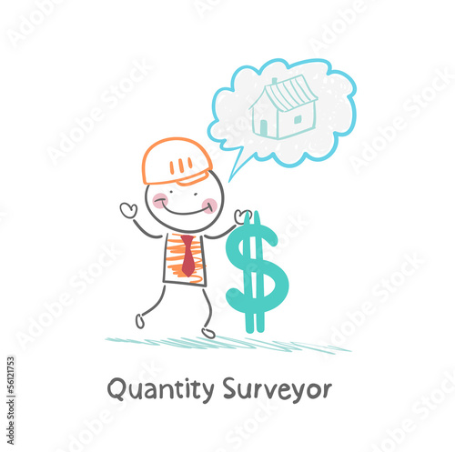 Vector: Quantity Surveyor holds dollar and thinking about home Quantity Surveyor holds dollar and thinking about home
