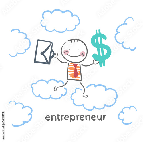 Vector: entrepreneur goes through the sky with a briefcase and money entrepreneur goes through the sky with a briefcase and money
