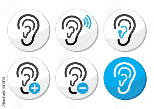 Vector: Ear hearing aid deaf problem icons set Ear hearing aid deaf problem icons set