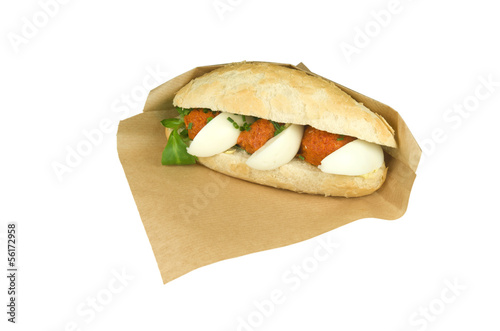 Photo: Luxury sandwich steak tartare with egg on white background. Luxury sandwich steak tartare with egg on white background.