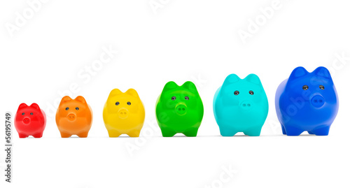 Illustration: Growing investment concept. Colour Piggy Banks in row Growing investment concept. Colour Piggy Banks in row