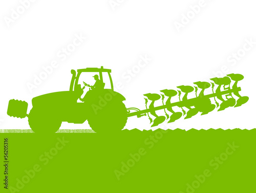 Vector: Agriculture tractor plowing the land in cultivated country grain Agriculture tractor plowing the land in cultivated country grain