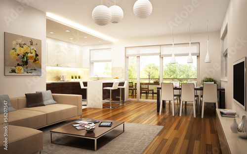 Illustration: Modern kitchen and living room Modern kitchen and living room