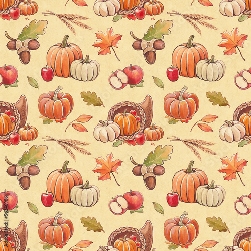 Illustration: Autumn seamless pattern with harvest illustrations Autumn seamless pattern with harvest illustrations