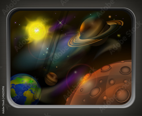 Vector: View from window to open space, planets, sun and star, vector View from window to open space, planets, sun and star, vector