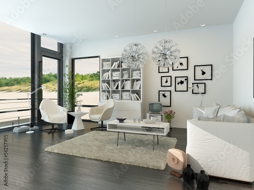 Illustration: Modern Living Room Interior with white furniture Modern Living Room Interior with white furniture