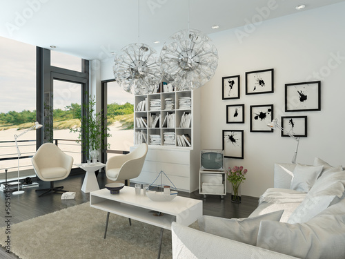 Illustration: Light living room interior with white furniture Light living room interior with white furniture