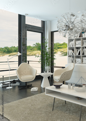 Illustration: White relax chairs against windows with beach view White relax chairs against windows with beach view