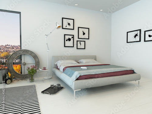 Illustration: White light bedroom interior with double bed White light bedroom interior with double bed