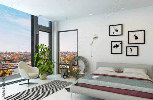 Illustration: White light bedroom interior with double bed White light bedroom interior with double bed