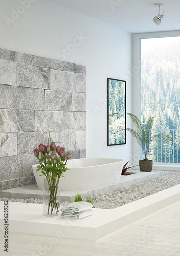 Illustration: Modern white In-Floor Bathroom with stone wall Modern white In-Floor Bathroom with stone wall