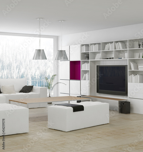 Illustration: Modern living room with stylish white furniture Modern living room with stylish white furniture