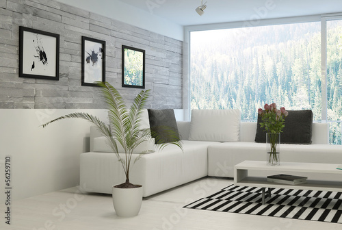 Illustration: Modern living room interior with stone wall and artworks Modern living room interior with stone wall and artworks