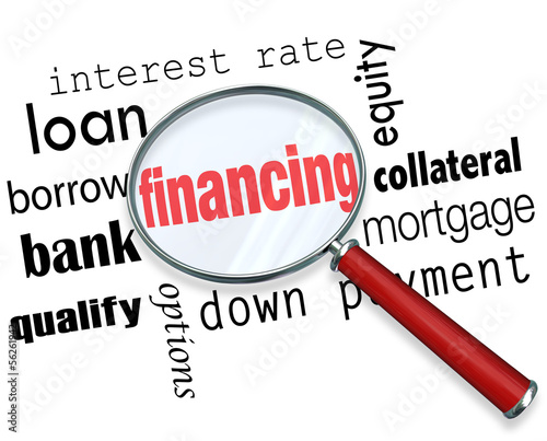Illustration: Financing Magnifying Glass Words Load Mortgage Financing Magnifying Glass Words Load Mortgage