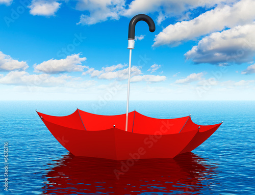 Illustration: Red floating umbrella in the sea Red floating umbrella in the sea