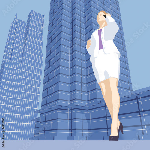 Illustration: Kauffrau mit Handy / Wolkenkratzer Hintergrund - Illustration Kauffrau mit Handy / Wolkenkratzer Hintergrund - Illustration