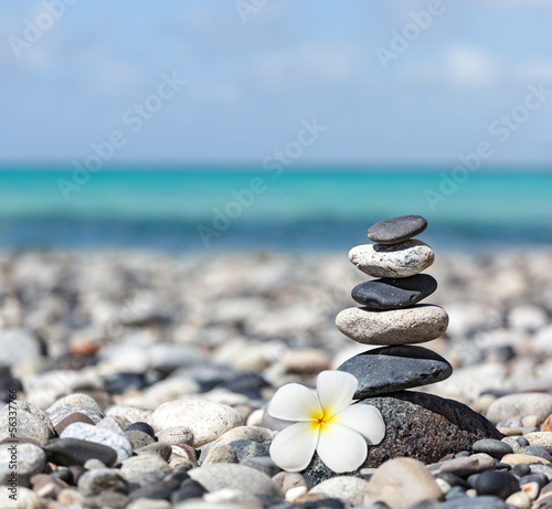  Zen balanced stones stack with plumeria flower