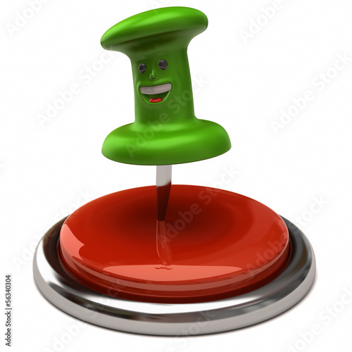 Illustration: Fun green thumbtack on red button Fun green thumbtack on red button