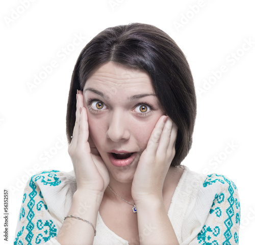 Photo: Beautiful young surprised woman isolated on white. Beautiful young surprised woman isolated on white.