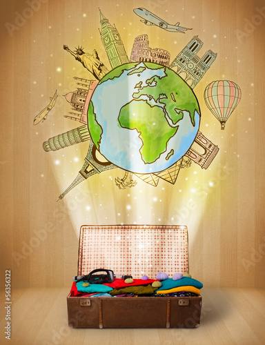 Photo: Luggage with travel around the world illustration concept Luggage with travel around the world illustration concept