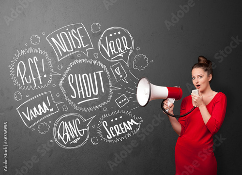 Photo: Girl yelling into megaphone and hand drawn speech bubbles come o Girl yelling into megaphone and hand drawn speech bubbles come o