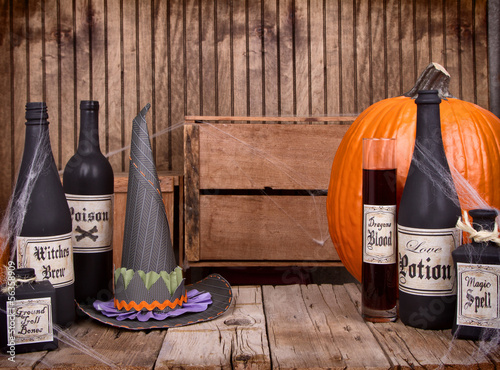 Photo: Potion bottles with witches hat Potion bottles with witches hat