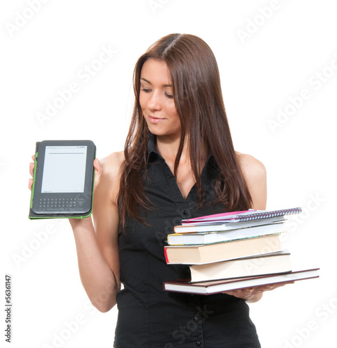 Photo: compare woman electronic reading device and books compare woman electronic reading device and books