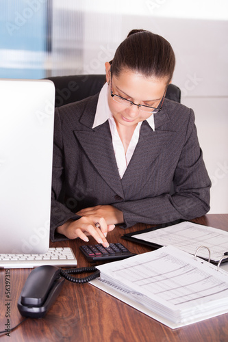 Photo: Happy young woman calculating finances Happy young woman calculating finances