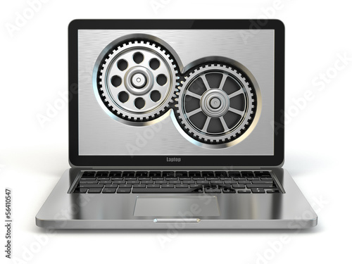 Illustration: System properties concept. Laptop and gears. System properties concept. Laptop and gears.