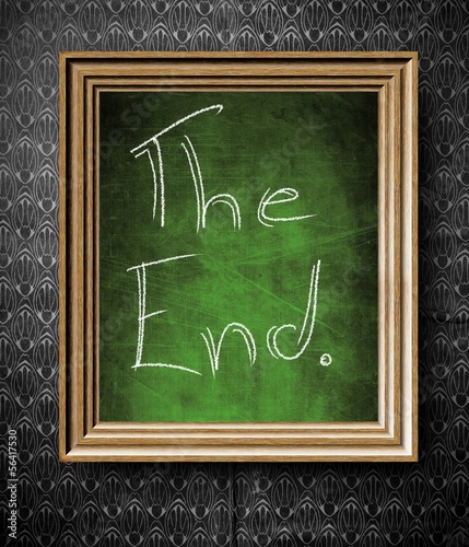 Illustration: The End symbol chalkboard in old wooden frame The End symbol chalkboard in old wooden frame