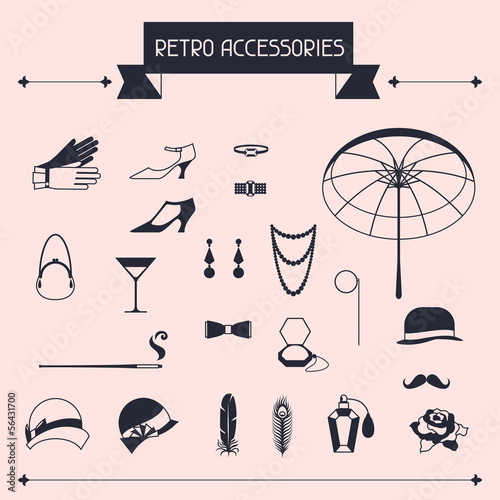 Vector: Retro personal accessories, icons and objects of 1920s style. Retro personal accessories, icons and objects of 1920s style.