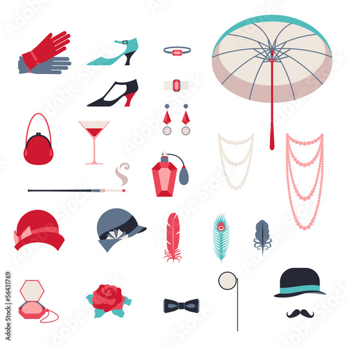 Vector: Retro personal accessories, icons and objects of 1920s style. Retro personal accessories, icons and objects of 1920s style.