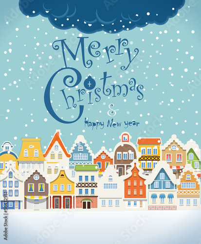 Vector: Christmas greating card. Vintage buildings with snowfall on Wint Christmas greating card. Vintage buildings with snowfall on Wint